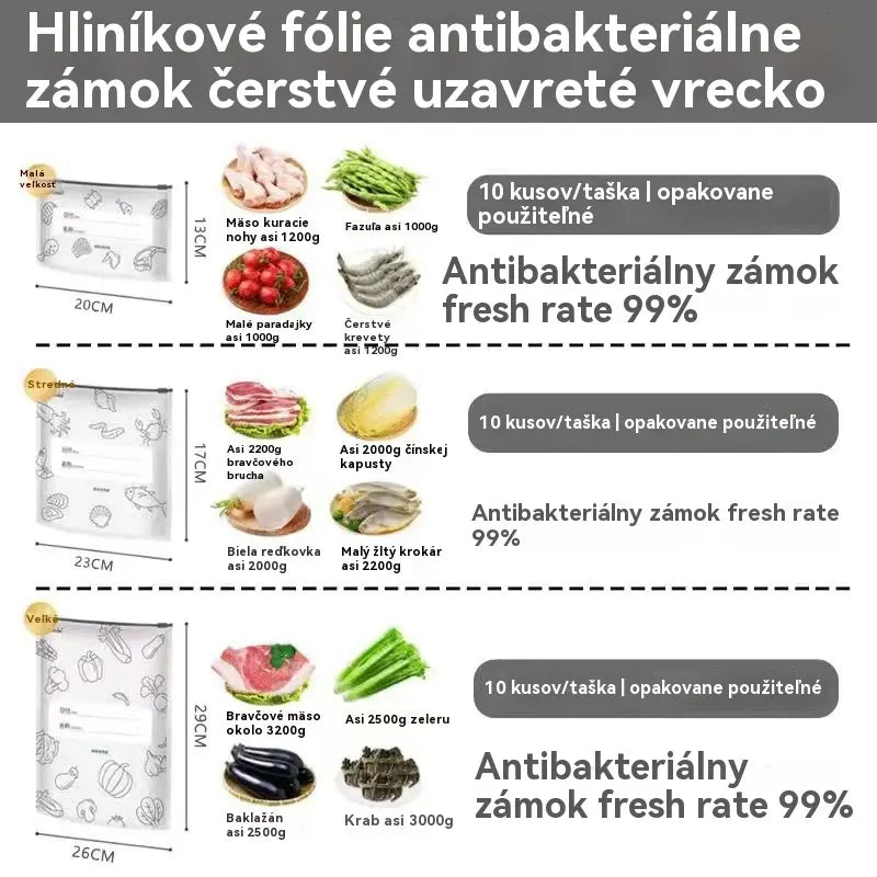 🥩【30 kusov:10 malých + 10 stredných + 10 veľkých】Vrecko z hliníkovej fólie potravinárskej kvality so zipsom na zachovanie čerstvosti, vhodné do domácej chladničky