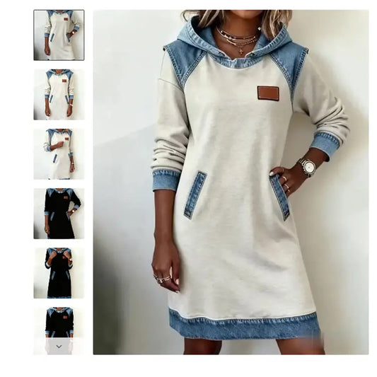 🔥【50% popust】🌷🌞 Nova zimska modna obleka s kapuco iz patchwork džinsa