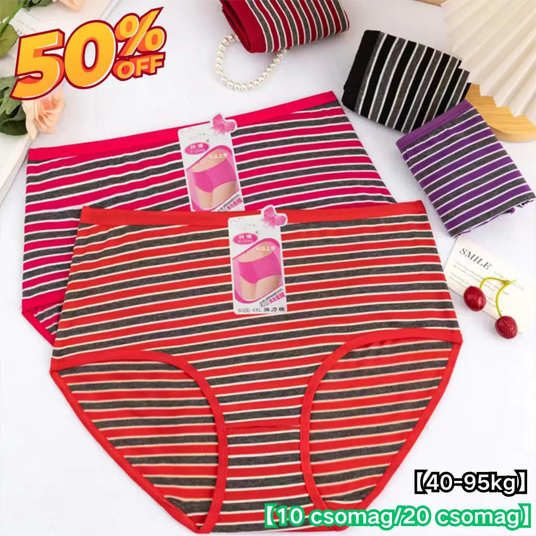 💖【10 ks】🩲 Dámske bavlnené spodné prádlo s vysokým pásom a pruhmi - pohodlná veľká veľkosť (40-95 kg)