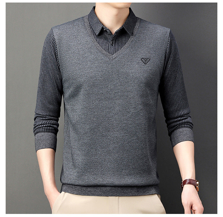 【30%OFF】🔥Есенно-зимна мъжка поло тениска с яка и дълъг ръкав Мъжка поло тениска от две части за средна възраст и възрастни