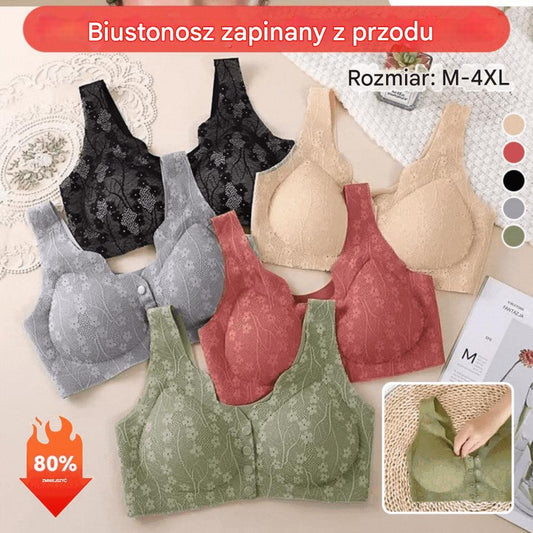 😍【3sztuk】【40-100KG】Damski, bezprzewodowy, koronkowy biustonosz zapinany z przodu