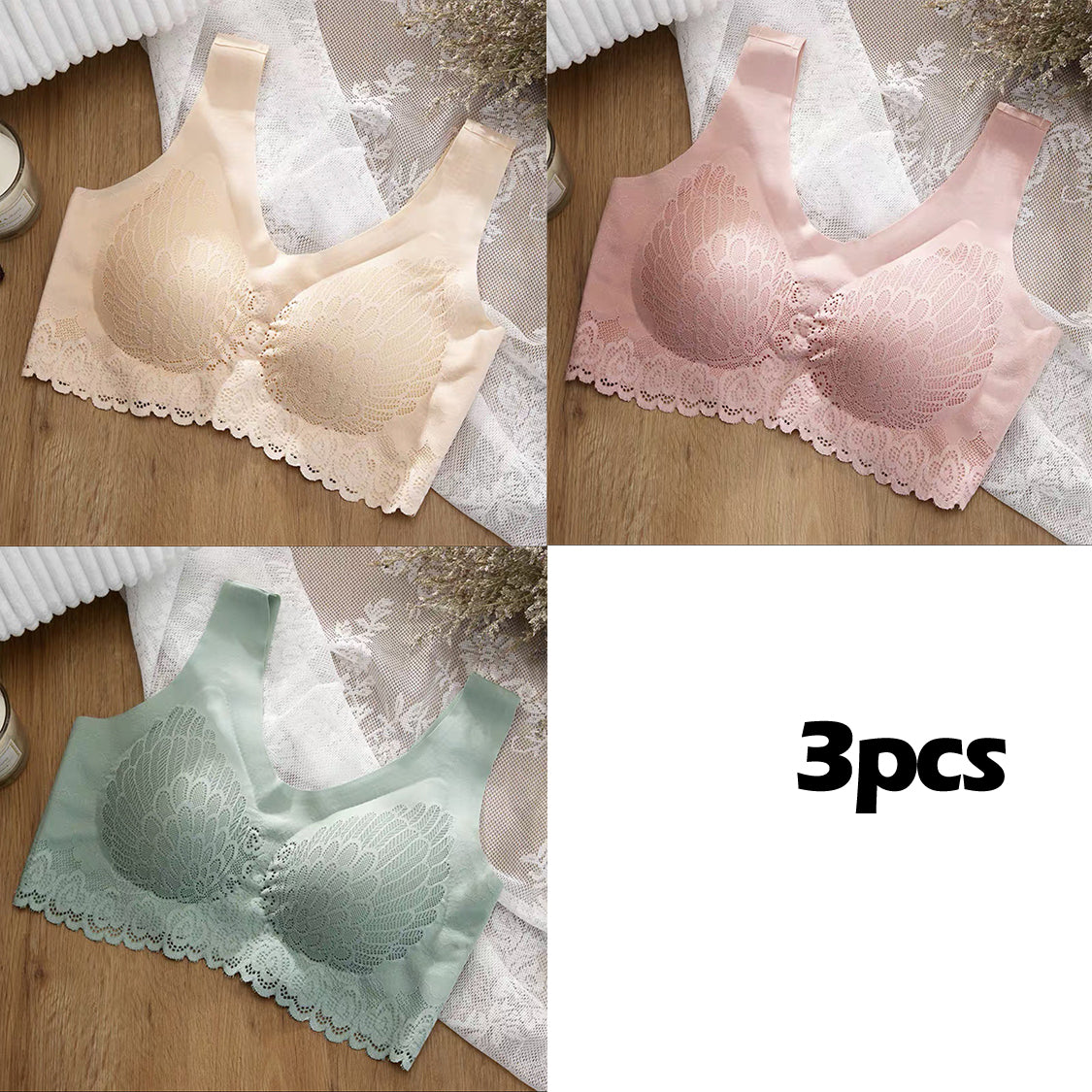 🔥【Paket 3】Čudovit čipkast brezšivni nedrček iz ledene svile, brez žic