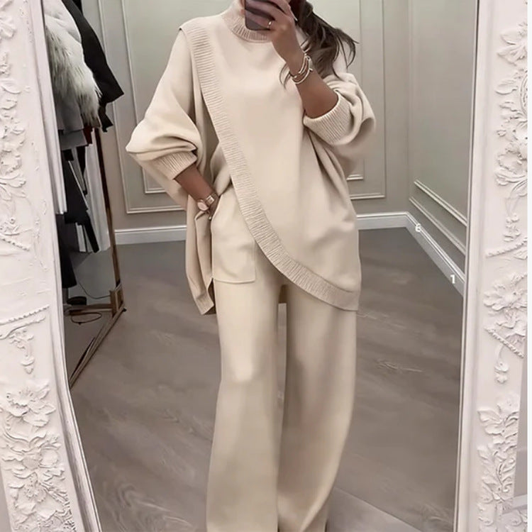 🔥【Akcija – Popust do 50%】✨Ženski elegantni komplet – pleteni pulover s visokim ovratnikom i križnim dizajnom + hlače širokih nogavica, super udobne