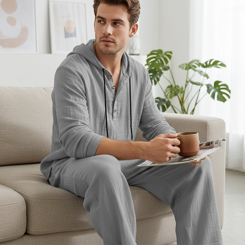 🔥【Omejena ponudba – šokantnih 50 % popusta!】Moški casual komplet — majica s kapuco + široke hlače, izdelani iz zračnega in udobnega lanenega materiala ✅ Plačilo po povzetju