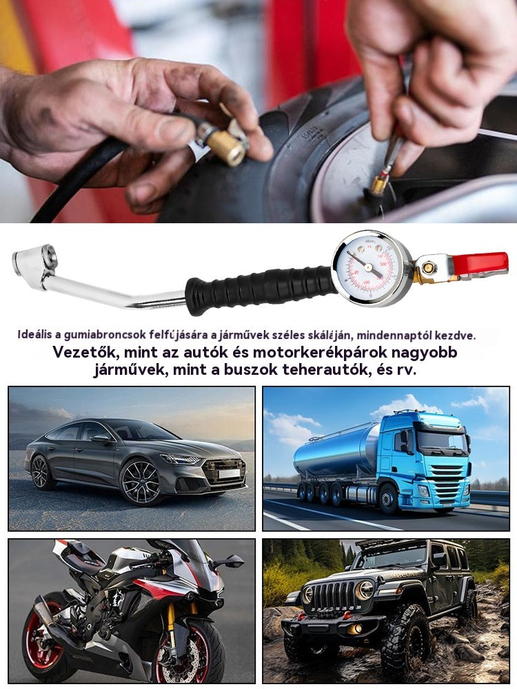 🔥 Különleges ajánlat! 🔥 Nagy sűrűségű fúvóka könyökkel és manométerrel a gumiabroncsnyomás pontos méréséhez; nagy ellenállóság és tartósság. 🔥