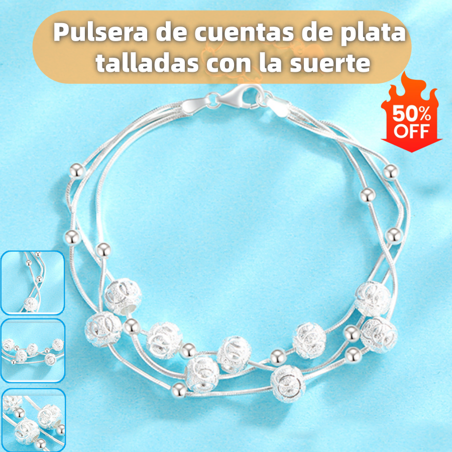 ✨Pulsera de cuentas de la suerte de plata 999 con diseño grabado