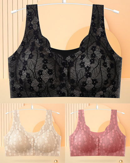 😍【3sztuk】【40-100KG】Damski, bezprzewodowy, koronkowy biustonosz zapinany z przodu