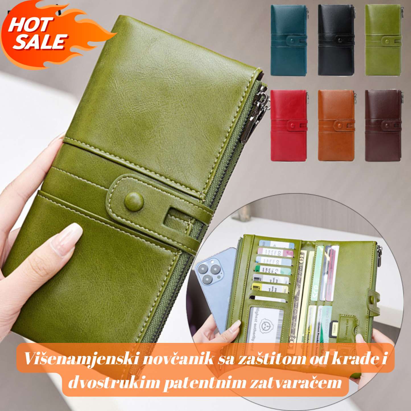 💼Višenamjenski novčanik, ručno izrađen od prave kože, četka protiv krađe, dvostruki patentni zatvarač