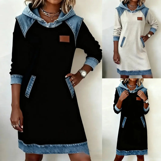 🔥【50% popust】🌷🌞 Nova zimska modna obleka s kapuco iz patchwork džinsa