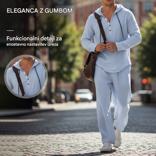 🔥【Omejena ponudba – šokantnih 50 % popusta!】Moški casual komplet — majica s kapuco + široke hlače, izdelani iz zračnega in udobnega lanenega materiala ✅ Plačilo po povzetju