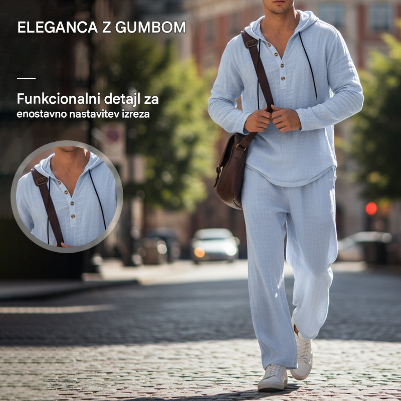 🔥【Omejena ponudba – šokantnih 50 % popusta!】Moški casual komplet — majica s kapuco + široke hlače, izdelani iz zračnega in udobnega lanenega materiala ✅ Plačilo po povzetju