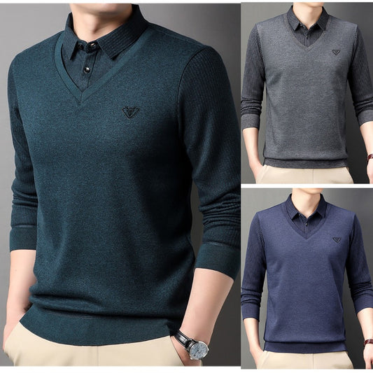 【30%OFF】🔥Есенно-зимна мъжка поло тениска с яка и дълъг ръкав Мъжка поло тениска от две части за средна възраст и възрастни