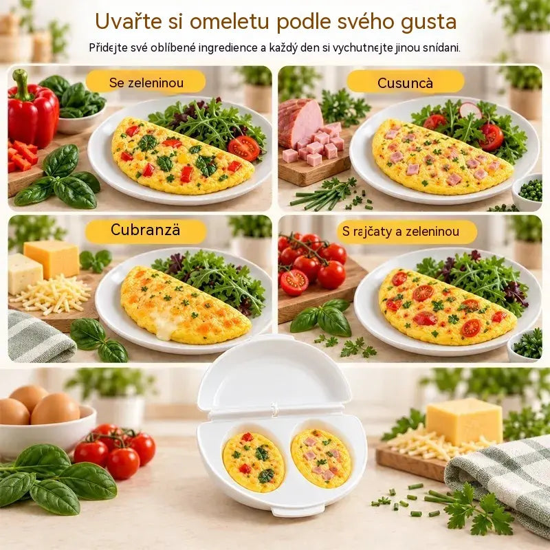 🍳 Dokonalé raňajky za pár minút! Nádoba na prípravu omeliet v mikrovlnnej rúre 🥚 | 2 priehradky · Nepriľnavý materiál vhodný na styk s potravinami · Odnímateľné pánty pre jednoduché čistenie · Rýchla príprava bez potreby oleja