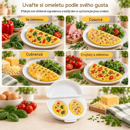 🍳 Dokonalé raňajky za pár minút! Nádoba na prípravu omeliet v mikrovlnnej rúre 🥚 | 2 priehradky · Nepriľnavý materiál vhodný na styk s potravinami · Odnímateľné pánty pre jednoduché čistenie · Rýchla príprava bez potreby oleja