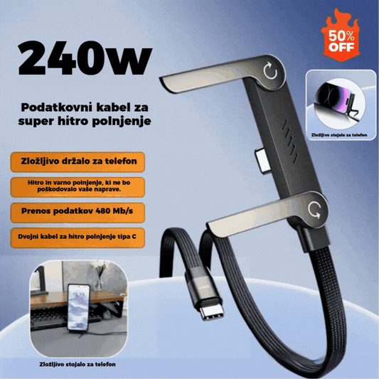 Kabel za hitro polnjenje 2 v 1 z nastavljivim držalom za telefon