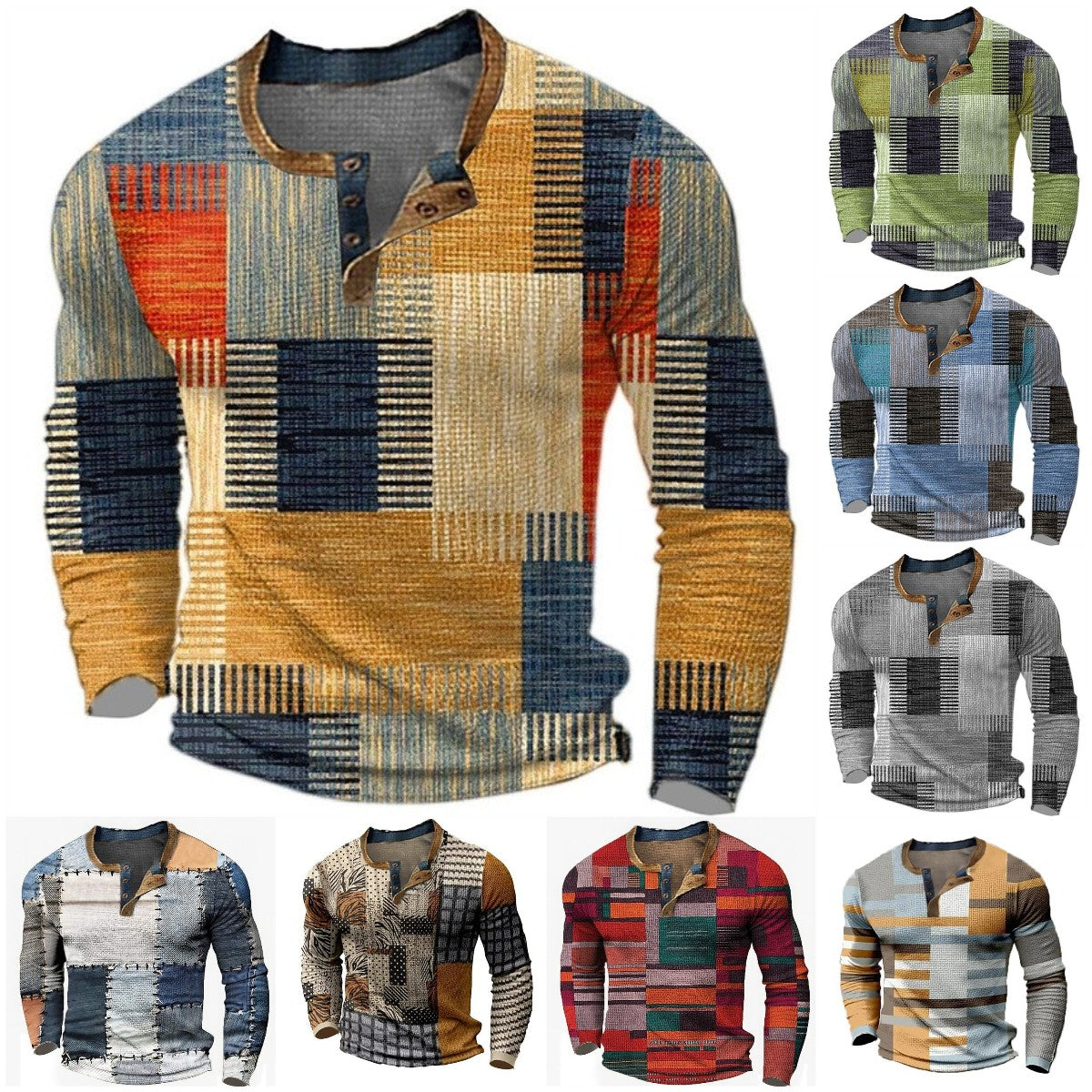 👔【-50% kedvezmény 🔥🔥】Új kollekciós férfi mintás ing, hosszú ujjú, laza Henley stílus, több színben elérhető