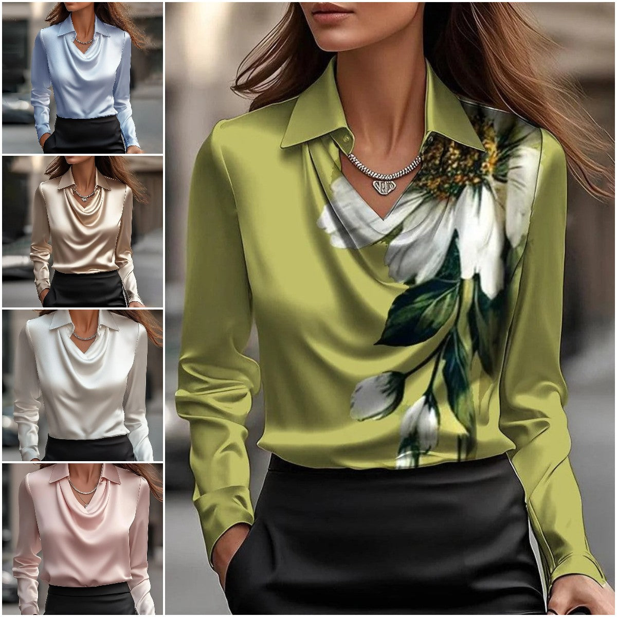 🔥【S-3XL】✨Дамска блуза с едноцветен щампован принт, лъскав копринен топ