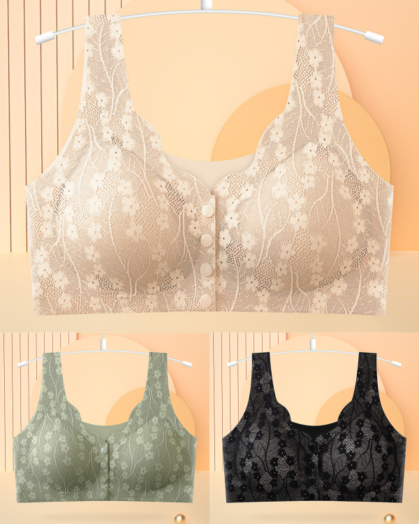 😍【3sztuk】【40-100KG】Damski, bezprzewodowy, koronkowy biustonosz zapinany z przodu