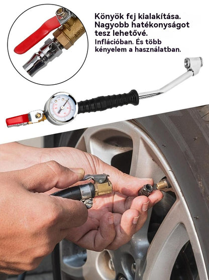 🔥 Különleges ajánlat! 🔥 Nagy sűrűségű fúvóka könyökkel és manométerrel a gumiabroncsnyomás pontos méréséhez; nagy ellenállóság és tartósság. 🔥