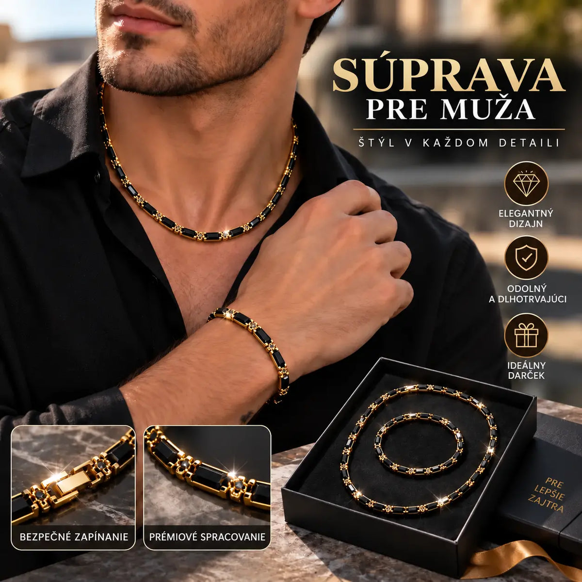 ✨ Čierno-zlatá súprava šperkov | Náhrdelník + náramok | Elegantný doplnok na každodenné aj slávnostné nosenie