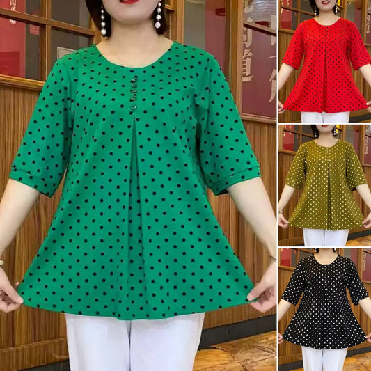 ❤️Nové tričko s krátkym rukávom s bodkovanou potlačou 2026✅Zakryte brucho a budete vyzerať chudo✅Príjemná látka nevybledne