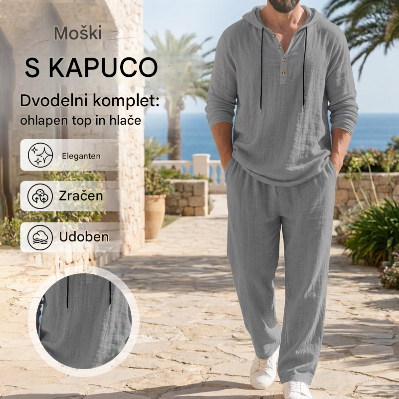 🔥【Omejena ponudba – šokantnih 50 % popusta!】Moški casual komplet — majica s kapuco + široke hlače, izdelani iz zračnega in udobnega lanenega materiala ✅ Plačilo po povzetju