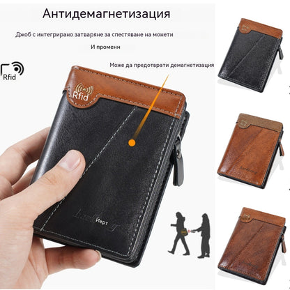 Нов висококачествен мъжки ретро портфейл с цип, с RFID защита срещу кражба