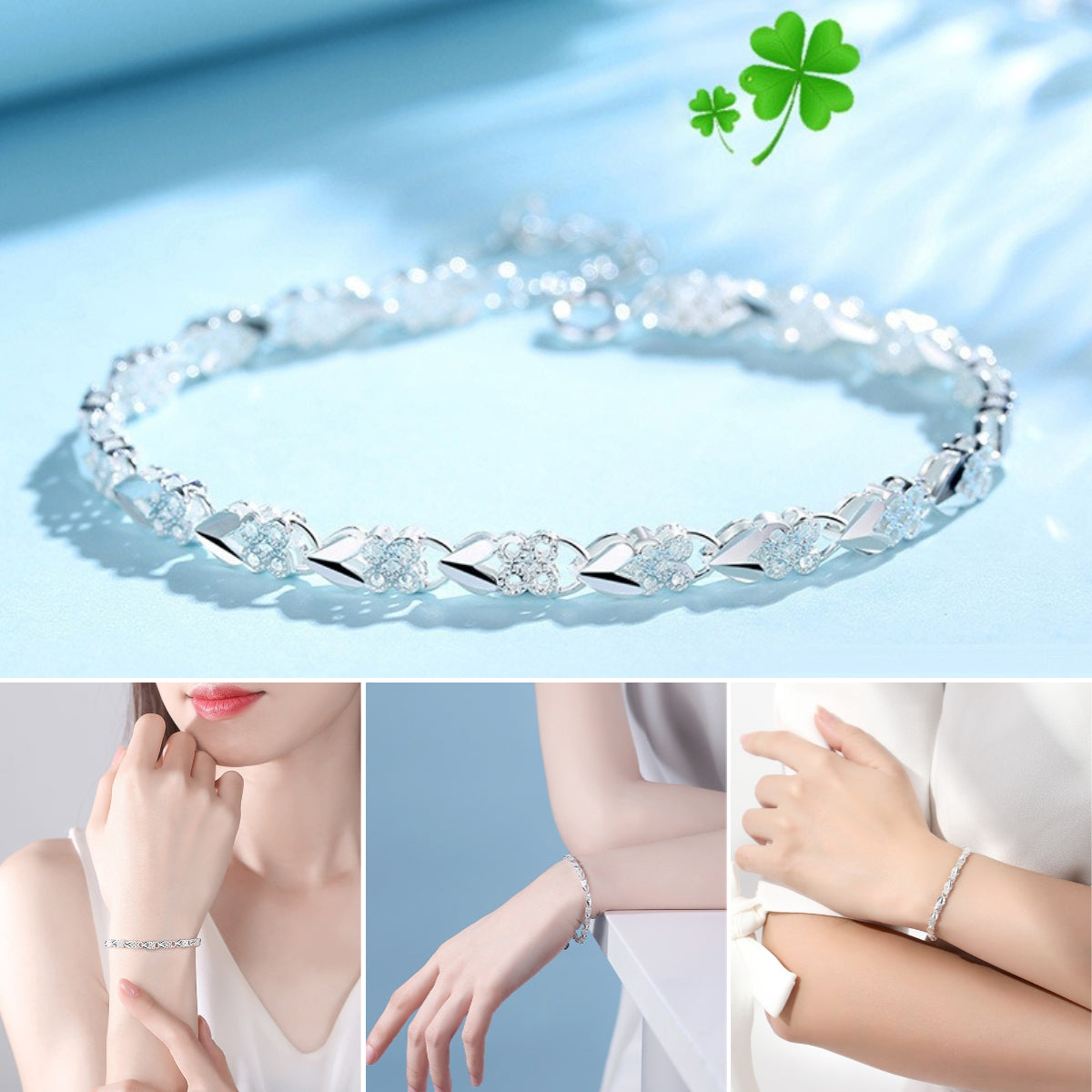 😀👉【Горещи продажби】💖🍀Нова модна гривна от сребро 925 с четирилистна детелина за жени.