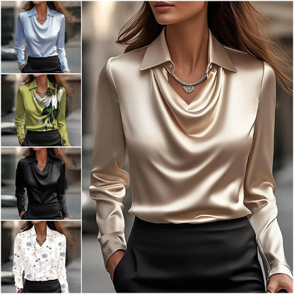 🔥【S-3XL】✨Дамска блуза с едноцветен щампован принт, лъскав копринен топ