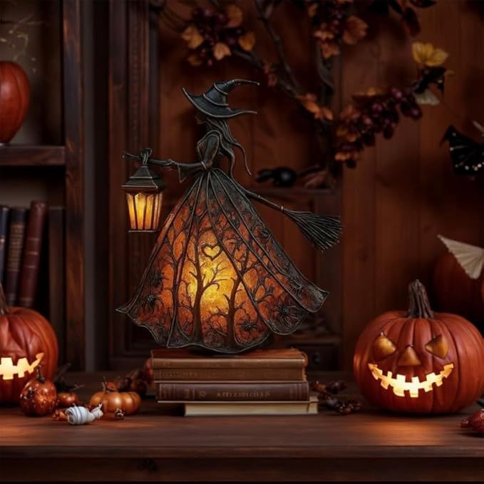🧙‍‍♀️Halloweeni boszorkánylámpa, ijesztő gótikus lámpás dekoráció, egyedi dekoratív figura asztali lámpához, lábon álló éjszakai fény, alkalmas otthonra, verandára, irodába, partidekorációként, Halloweennek és ajándéknak is használható.
