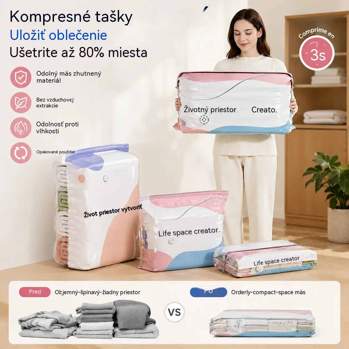 👕📦【5 kusov】Kompresné vrecká na uloženie oblečenia, nevyžadujú vákuum, zosilnená konštrukcia.