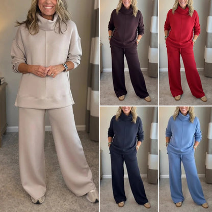 🔥【Új érkezés! Korlátozott ideig 40% kedvezmény】Új téli, kiváló minőségű női lezser szett, minimalista magas gallérú pulóver + egyenes szabású lezser nadrág