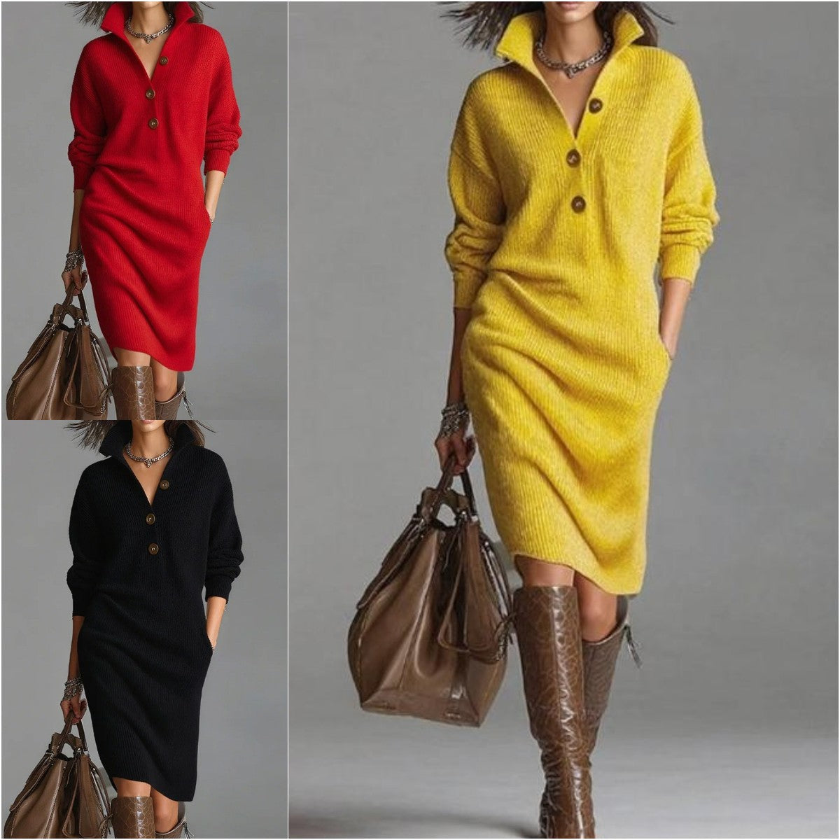 🔥【Vremenski ograničena ponuda】【S-3XL】Nova europska i američka pletena haljina s ovratnikom iz 2026.