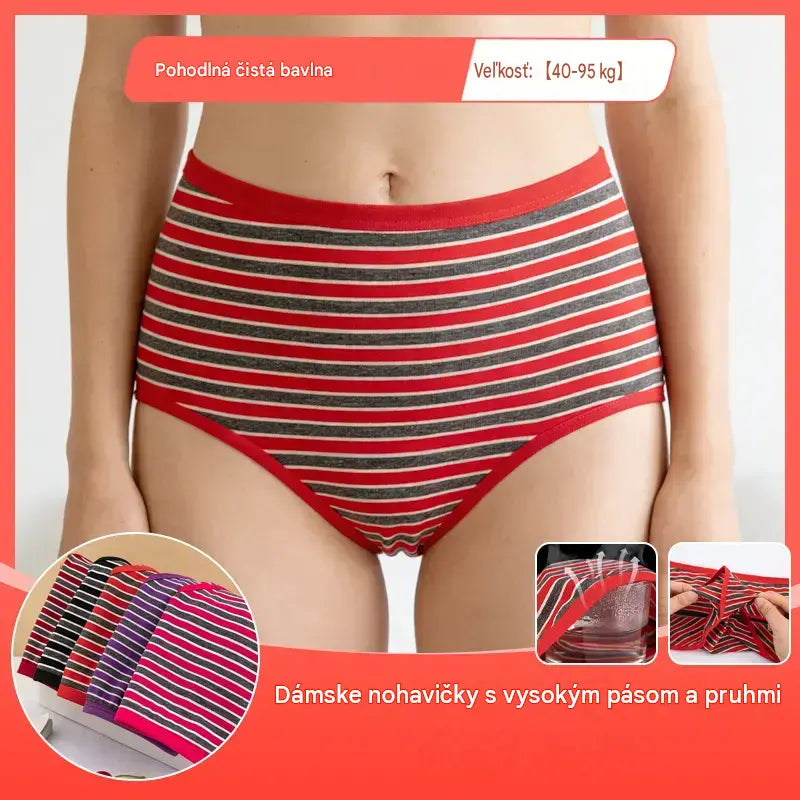💖【10 ks】🩲 Dámske bavlnené spodné prádlo s vysokým pásom a pruhmi - pohodlná veľká veľkosť (40-95 kg)