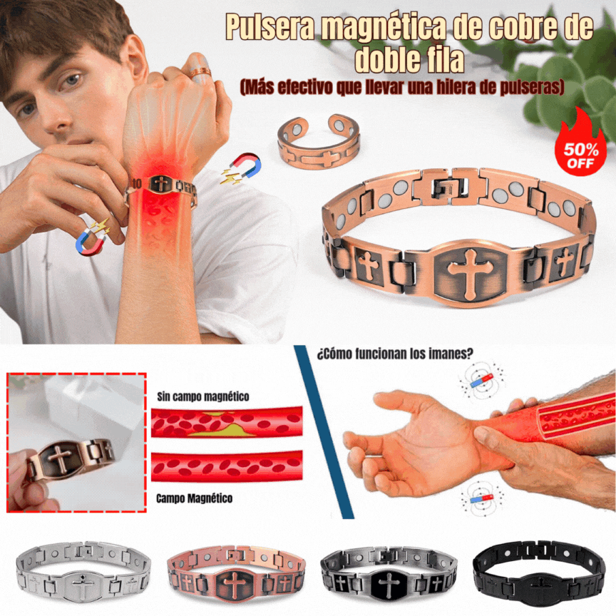 Časově omezená nabídka 🎁💙 Pánský měděný náramek s křížem, magnetický léčivý náramek, se 46 vestavěnými magnety - 99,99% čistá měď