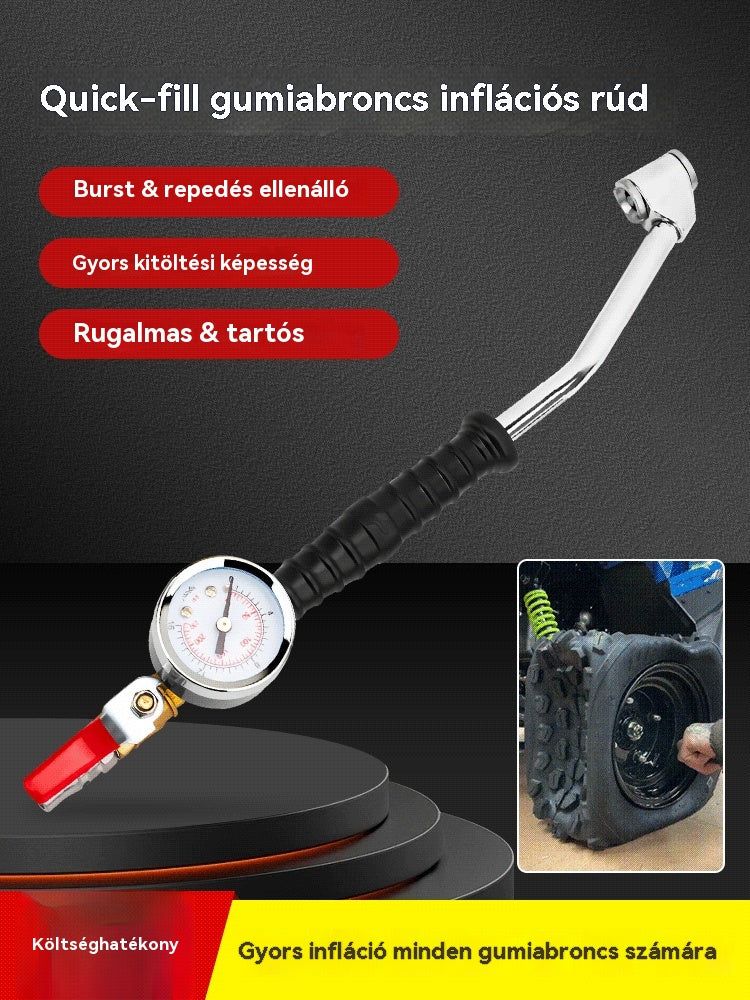 🔥 Különleges ajánlat! 🔥 Nagy sűrűségű fúvóka könyökkel és manométerrel a gumiabroncsnyomás pontos méréséhez; nagy ellenállóság és tartósság. 🔥