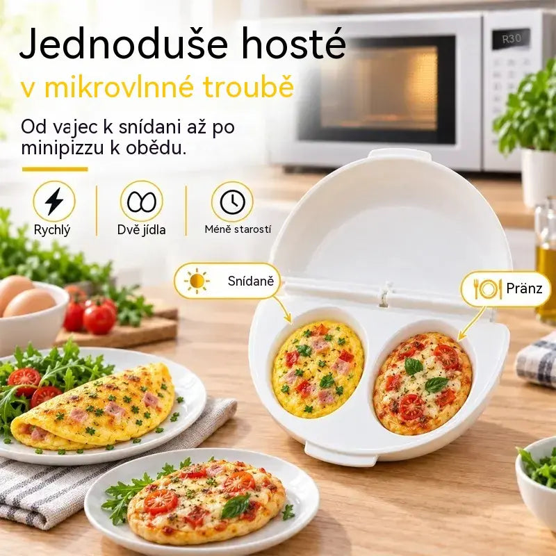 🍳 Dokonalé raňajky za pár minút! Nádoba na prípravu omeliet v mikrovlnnej rúre 🥚 | 2 priehradky · Nepriľnavý materiál vhodný na styk s potravinami · Odnímateľné pánty pre jednoduché čistenie · Rýchla príprava bez potreby oleja