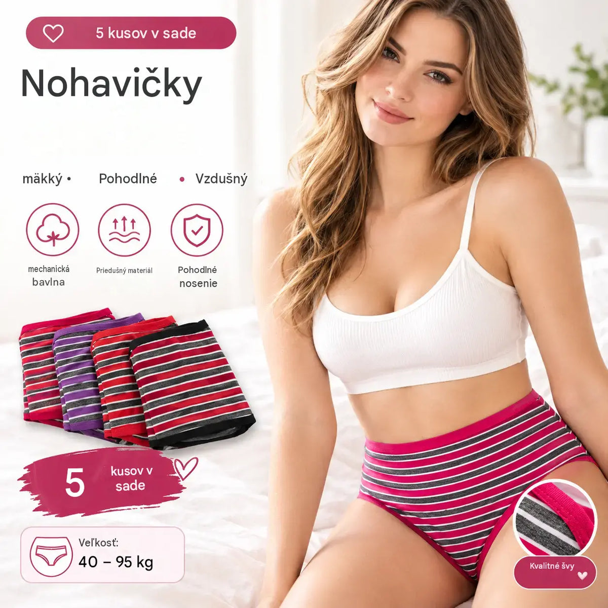 💖【10 ks】🩲 Dámske bavlnené spodné prádlo s vysokým pásom a pruhmi - pohodlná veľká veľkosť (40-95 kg)