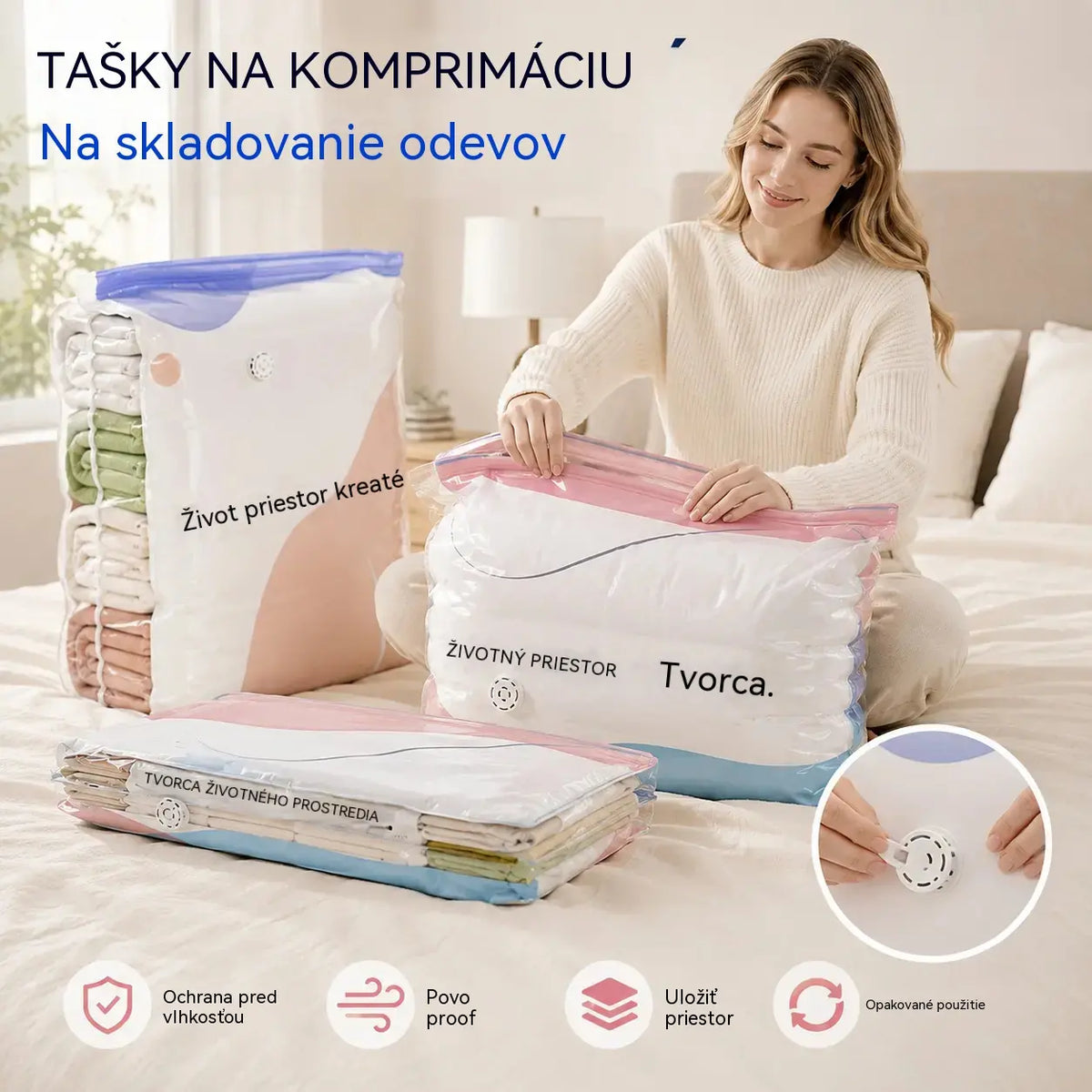 👕📦【5 kusov】Kompresné vrecká na uloženie oblečenia, nevyžadujú vákuum, zosilnená konštrukcia.
