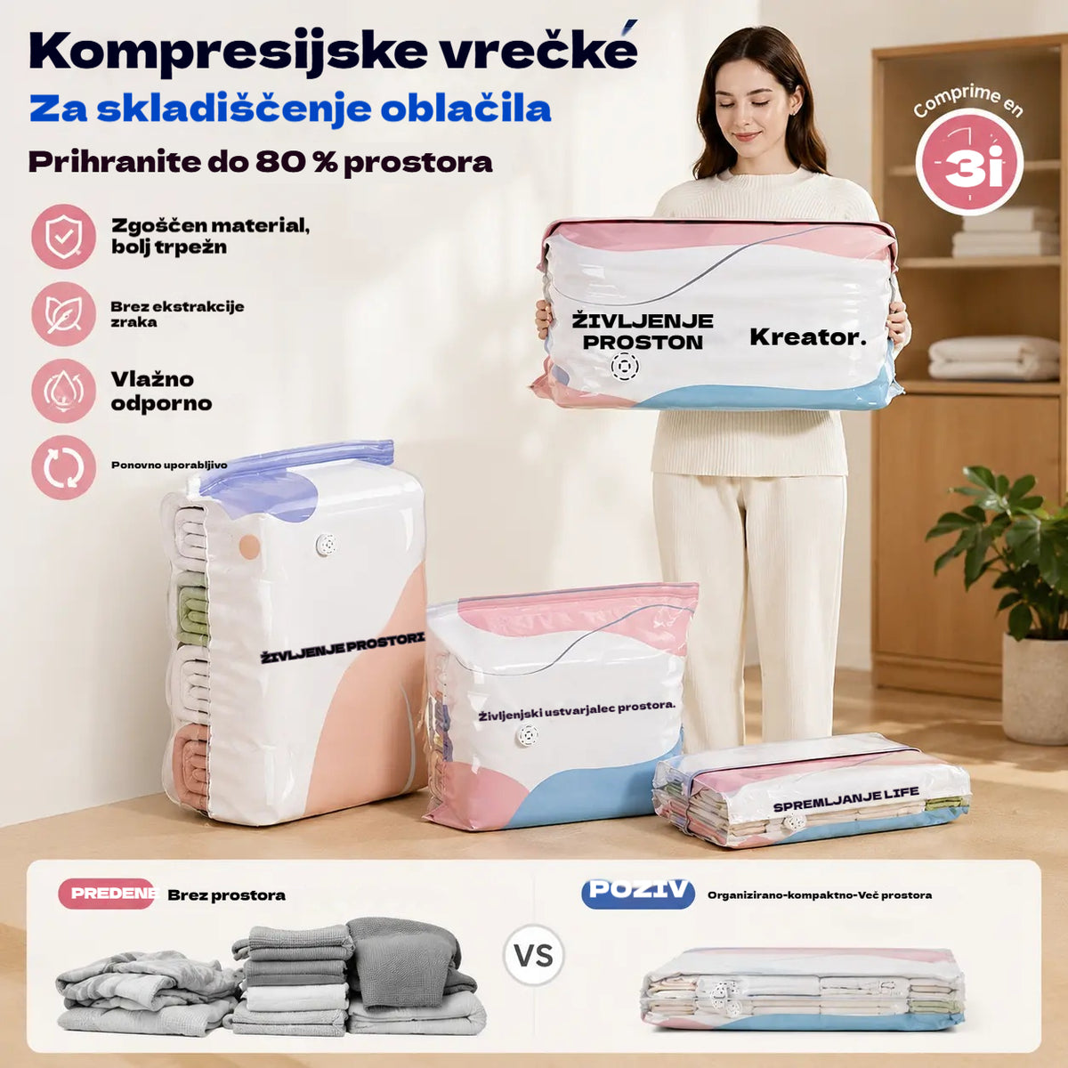 👕📦【5 kosov 24 evrov】Kompresijske vrečke za shranjevanje oblačil, brez potrebe po vakuumu, ojačana zasnova.