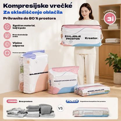 👕📦【5 kosov 24 evrov】Kompresijske vrečke za shranjevanje oblačil, brez potrebe po vakuumu, ojačana zasnova.