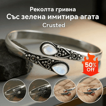 ♥✨Винтидж гривна от сребърен зелен ахат S925