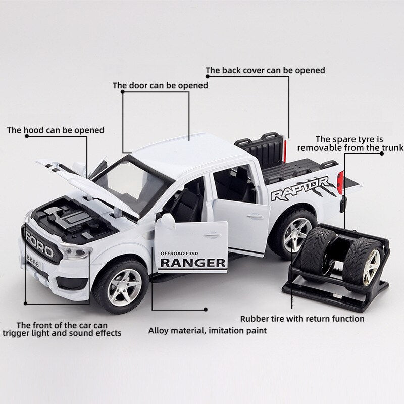 🚙 1:32 Retro F350 öntöttfém modellautó nyitható ajtókkal és levehető pótkerekkel