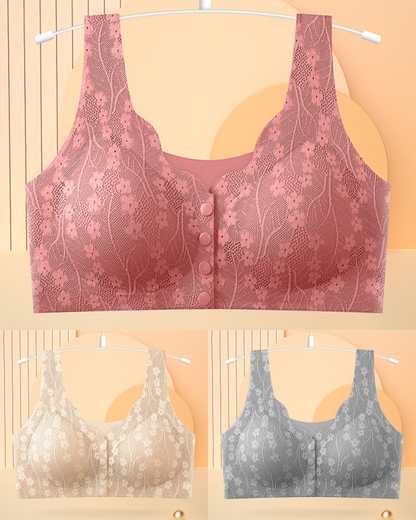 😍【3sztuk】【40-100KG】Damski, bezprzewodowy, koronkowy biustonosz zapinany z przodu