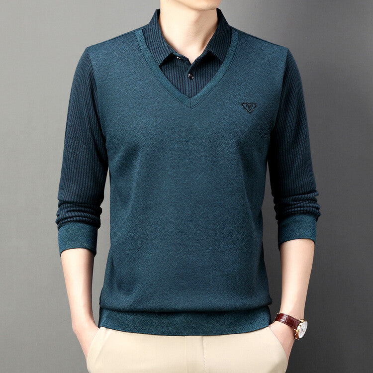 【30%OFF】🔥Есенно-зимна мъжка поло тениска с яка и дълъг ръкав Мъжка поло тениска от две части за средна възраст и възрастни